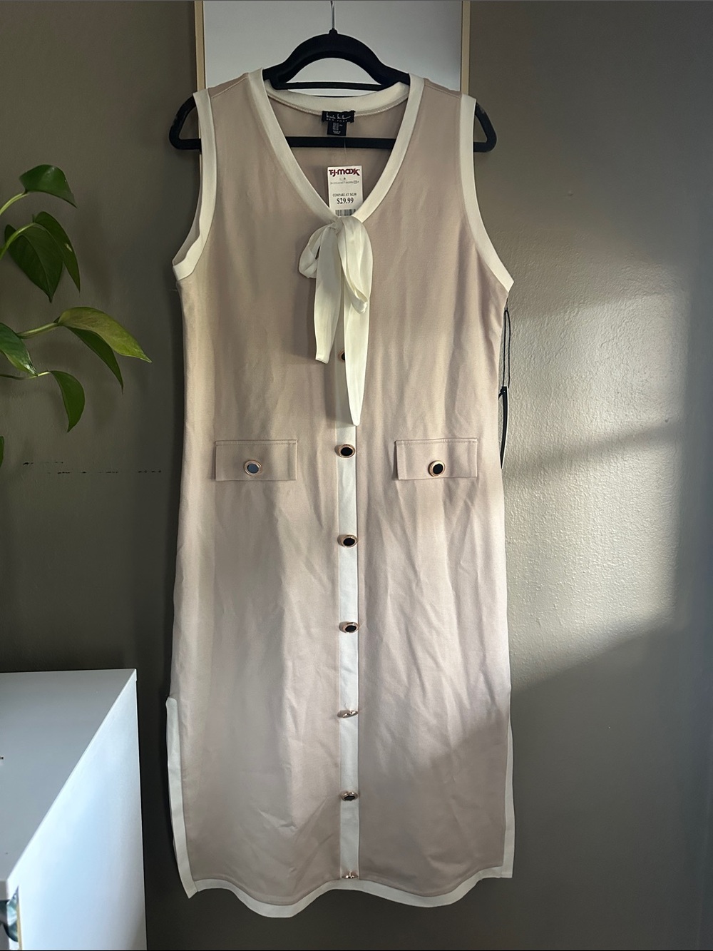 Tie-Neck Midi Dress with Contrast Trim in Cream